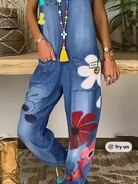 Blue Denim Floral Women’s Overalls